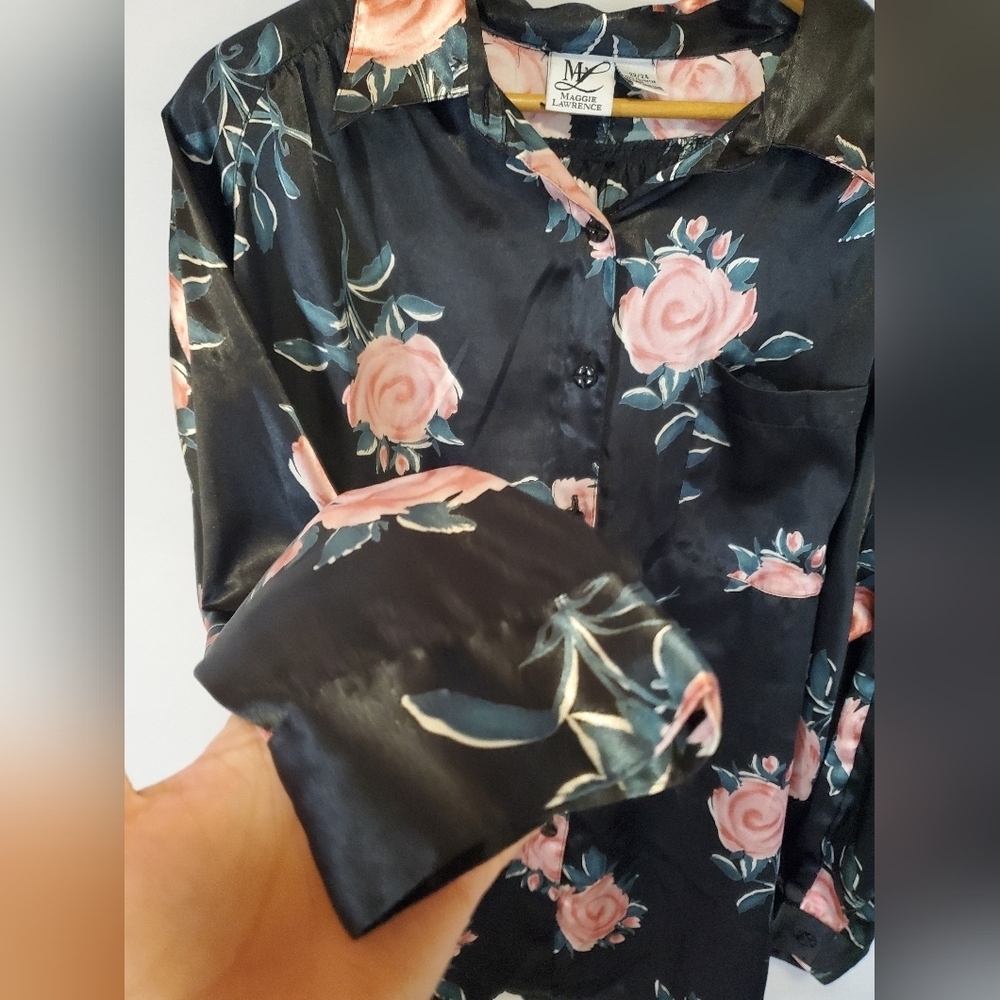 Black Floral Button Down Pajama Shirt - Picture 4 of 9